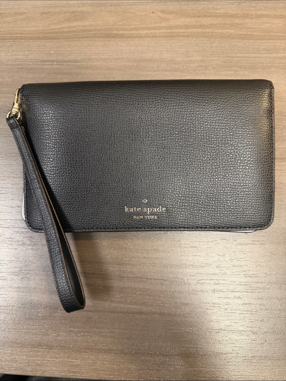 kate spade black pebbled leather snap wallet with gold logo